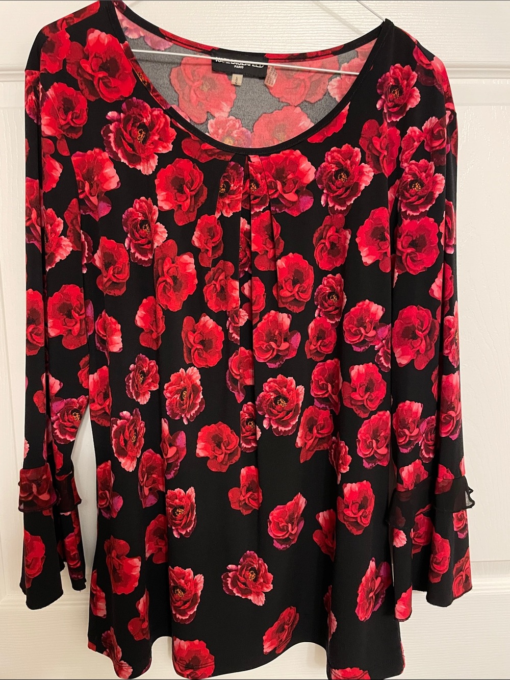Karl Lagerfeld Black Long-Sleeve Top with Red Floral Print